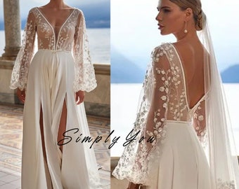 Custom Made Boho Brautkleider mit Side Split V-Ausschnitt Puff Ärmel Brautkleider Backless bodenlangen Brautkleid