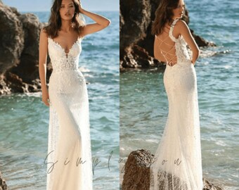 Boho Beach A-Line Bridal Gown V-Neckline Elegance With Modern Lace Applique Wedding Dress