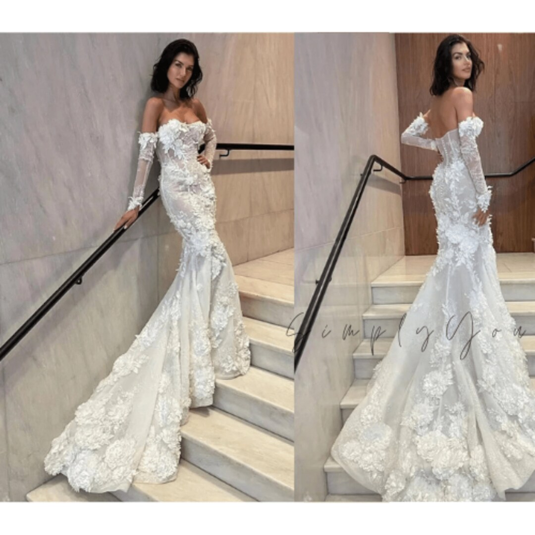 Luxurious Lace Flower Long Jersey Court Train Mermaid Bridesmaid Dresses main image 1