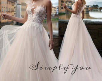 Elegant Bohemian Princess Pink Wedding Dress One Shoulder Lace Appliques, Tulle Bridal Gown - Plus Size Wedding Dress