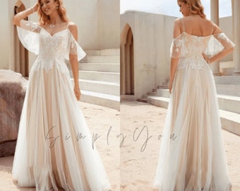 Stunning Cold Shoulder A-line Wedding Dress Floor-Length Tulle Lace Gown for Women