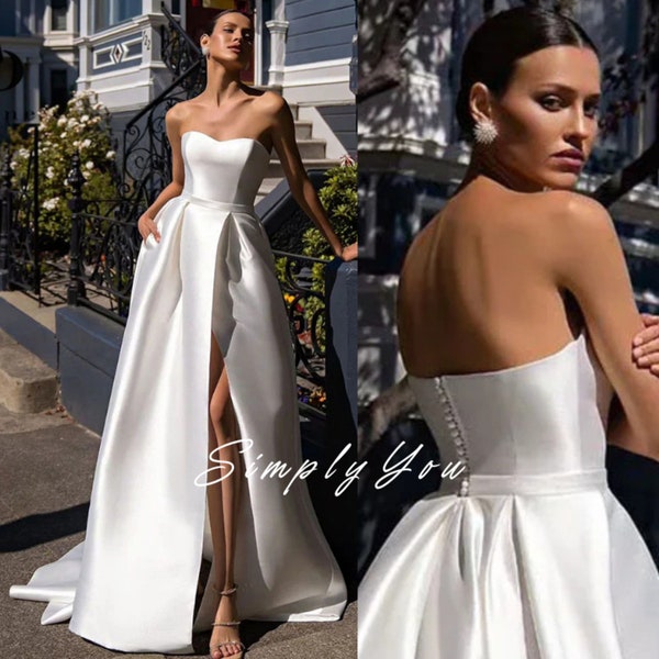 Satin Simple Sweetheart A-Line Wedding Dresses Elegant Sleeveless Belt Side Split Pocket Backless Bridal Gowns