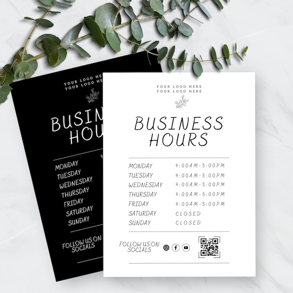 Business Hours Sign Printable |Open Hours | Storefront Hours | Store Hours Sign | Printable Store Hours Decal |Business Hours Printable-RS08