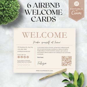 Tarjeta de bienvenida de Airbnb / Tarjeta imprimible / Tarjeta de agradecimiento //Plantilla editable/ Tarjeta de huésped /Código QR Wifi / Plantillas VRBO /