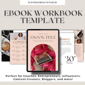May include: A pink and white ebook workbook template with a woman in a pink outfit using a laptop. The template has a title page, a table of contents, and a chapter page. The text on the template says "EBOOK TITLE" and "CHAPTER 1 TITLE HERE". The template has 30+ pages.