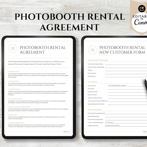 Photobooth Contract Template | 360 Photo Booth Contract | Edit In Canva  | Photo Booth Rental Agreement | Event Booth Rental Agreement