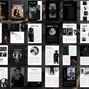 Puede incluir: Un libro de trabajo en blanco y negro con el título "Guía elegante" y el texto "Cuaderno de trabajo de moda" en la portada. El libro de trabajo incluye capítulos sobre "Nuestro viaje", "Capítulo 01" y "Capítulo 02".