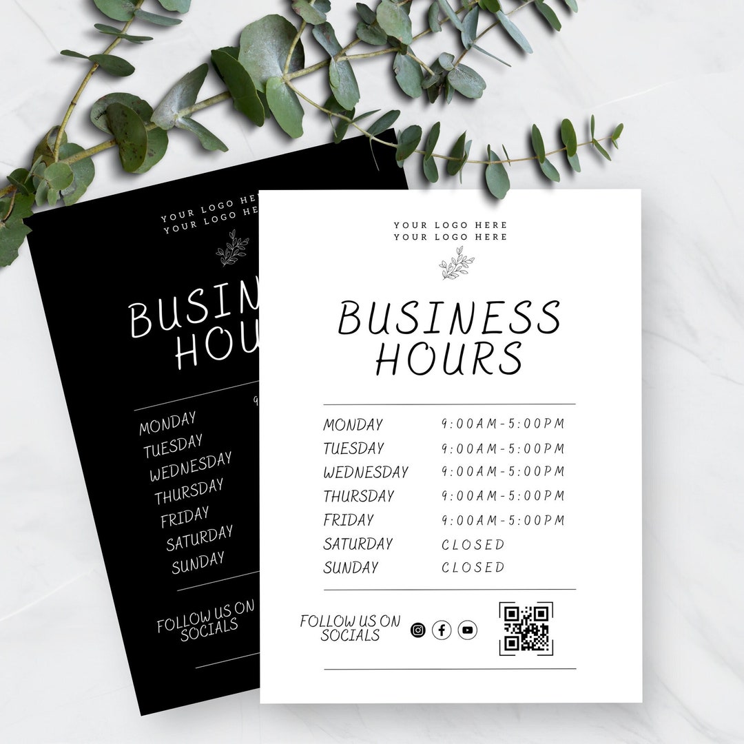 Business Hours Sign Printable open Hours Storefront Hours Store Hours