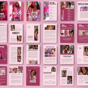 May include: A pink and white ebook cover with the title "Guide Book" and a woman wearing a pink jacket. The cover also includes a table of contents, a chapter heading, and a section on inspiration.