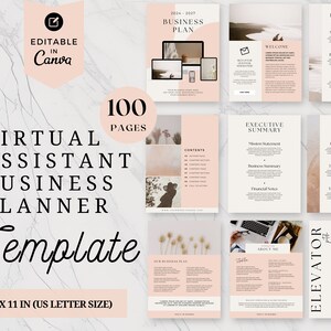 May include: A 100-page virtual assistant business planner template in pink and white with the text "Virtual Assistant Business Planner Template" and "Editable in Canva".