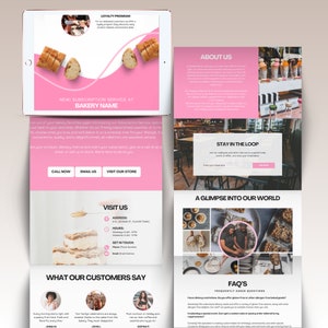 Peut inclure: Une brochure rose et blanche pour une boulangerie avec le texte "Nouveau ! Service d'abonnement chez Bakery Name". La brochure comprend des images de produits de boulangerie, un appel à l'action pour visiter la boulangerie et des témoignages de clients.