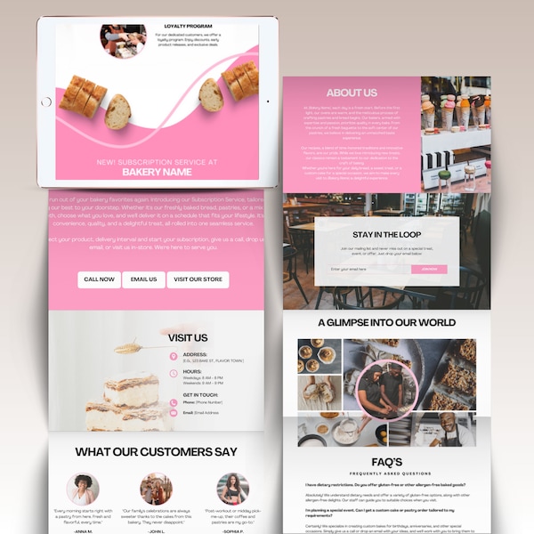 Plantilla Canva para sitio web de panadería Lujo/ Plantilla de tema para sitio web de panadería Blanco y rosa / Sitio web Canva de una página / RS02
