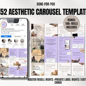 May include: A digital marketing template pack with 52 aesthetic carousel templates and 140+ reels included. The templates are designed for Instagram and feature a purple and white color scheme. The text "DONE-FOR-YOU" is at the top of the image, and the text "MASTER RESELL RIGHTS + PRIVATE LABEL RIGHTS | EDIT IN CANVA" is at the bottom of the image.