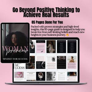 Può includere: Un computer portatile che mostra la copertina di un ebook dal titolo "Womanpreneur: Mindset for Success". La copertina presenta una donna con i capelli scuri e una maglietta nera. L'ebook è lungo 85 pagine e include strategie e intuizioni comprovate per aiutarti a liberarti dalle convinzioni limitanti e raggiungere nuovi traguardi nel tuo percorso professionale.