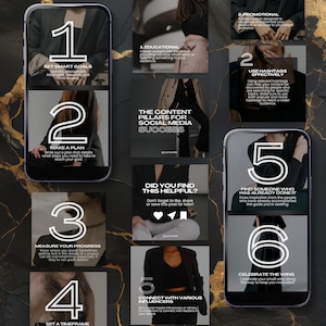 May include: A graphic with six numbered steps for creating successful social media content. The steps are: Set Smart Goals, Make a Plan, Measure Your Progress, Set a Timeframe, Connect with Various Influencers, and Celebrate the Wins. The graphic features a black and white color scheme with a modern design.