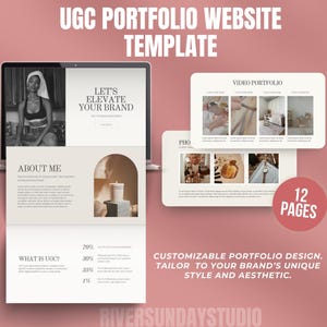 Op de afbeelding: Een mockup van een website-sjabloon voor een portfolio met door gebruikers gegenereerde content (UGC). Het sjabloon heeft een neutrale kleurenpalet met een moderne esthetiek. De tekst op de website luidt "Let's Elevate Your Brand" en "About Me". De website bevat ook een sectie met de titel "What is UGC?" met een uitsplitsing van percentages. De website is ontworpen om aan te passen aan de unieke stijl en esthetiek van een merk.
