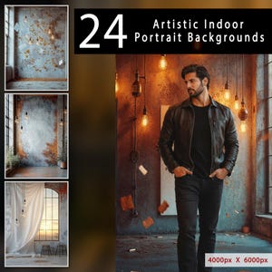 May include: The image showcases a collection of 24 artistic indoor portrait backgrounds. The backgrounds feature various textures, lighting, and styles, with a man in a black leather jacket and black pants. The image text reads "24 Artistic Indoor Portrait Backgrounds."