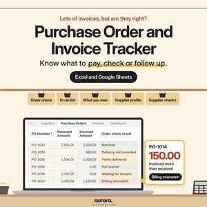 Purchase Order & Invoice Tracker, Accounts Payable Tracker (Excel, Google Sheets)