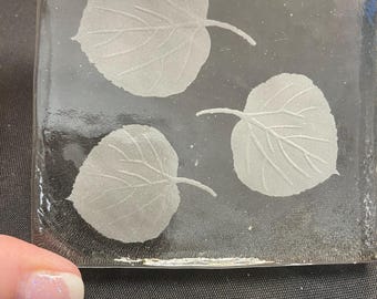 Recycled Glass Coaster - 3D Aspen Leaves Sandblasting results in exceptionally sharp, crisp and bright engraving with a smooth finish