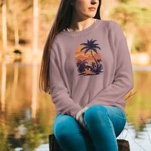 Arts work of T- shirt design, home with coconut tree, sunset, flat illustration, vibrant victor, vector image, vintage drawing, white