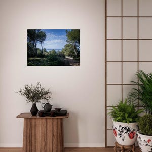 May include: A landscape photograph depicting a forest scene with a path leading to the sea under a blue sky with clouds. The image is framed by trees and greenery, creating a sense of depth and peace.