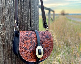 Tooled leather crossbody purse