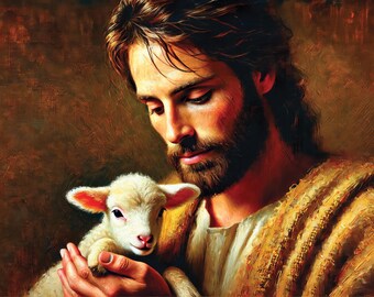 May include: A painting of a man with long brown hair and a beard holding a white lamb in his arms. The man is wearing a brown robe and the lamb is looking up at him.