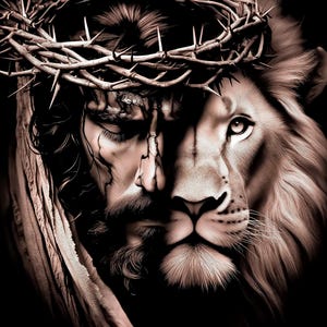 Jezus en Leeuw - Downloadbare wandkunst, digitale olieverfschilderij van Jezus, afdrukbare christelijke decoratie voor thuis of in de kerk, religieuze kunst, koning