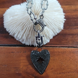 Silver Mixed Link Paperclip Necklace w/ CZ Pave Gunmetal Heart Pendant