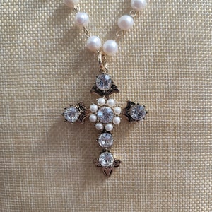 Pearl Bead Rosary Chain w/ Gold Tone Cross Pendant