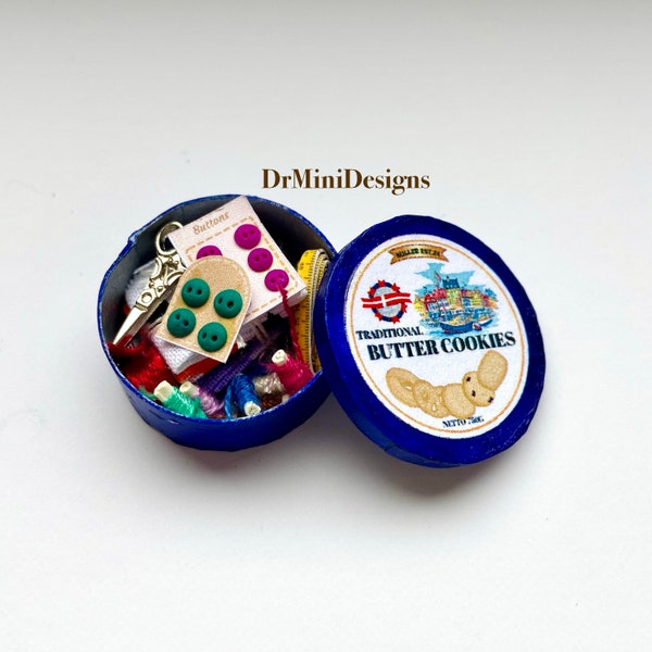 Miniature sewing kit in biscuit tin 1/12 scale