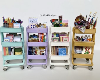 Miniature dollhouse three-tier cart/trolley with items in 1/12 scale