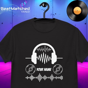 Custom DJ Soundwave Shirt - Personalized Vinyl & Headphone Graphic Tee - Unique DJ Name T-Shirt for Music Producers, Gifts for DJs