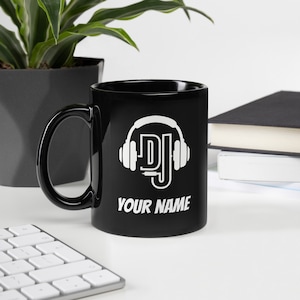 Custom DJ Mug - Black Glossy Coffee Mug, Personalized DJ Gift, Vinyl Record Mug, Music Producer Mug, DJ Name Mug, Disc Jockey Gift, Dj logo