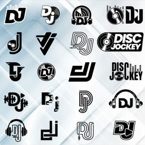 Op de afbeelding: Een verzameling van 20 zwart-witte DJ-logoontwerpen. De logo's bevatten verschillende stijlen en lettertypen, waaronder de letters DJ, een draaitafel, koptelefoon en de woorden "Disc Jockey".