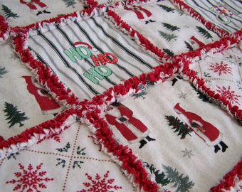 Christmas Rag Quilt Throw with Embroidered Designs - Festive Father Christmas Pattern - Handmade Holiday Home Décor