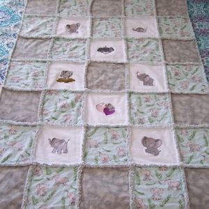 Embroidered Elephant Baby Rag Quilt: Soft Flannel Throw Blanket (40x56)