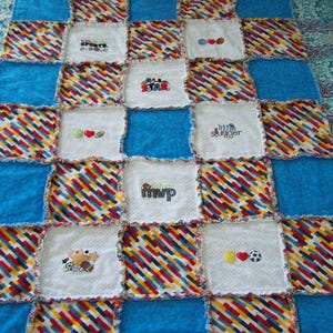 Rag Quilt of bright colors - Embroidered All Star Sports Boy flannel throw blanket