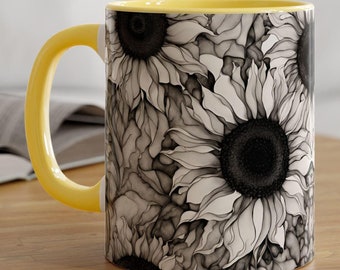 Taza con diseño de girasol en blanco y negro con detalles en amarillo, taza con diseño de girasol en color único y reverso, envío gratis, taza amarilla con diseño de girasol