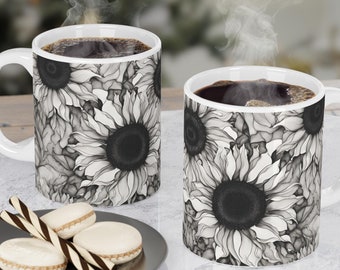 Taza de cerámica con girasol en blanco y negro, taza con diseño floral en blanco y negro, taza de café con girasol en tonos blanco y negro, envío gratuito