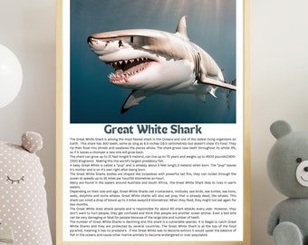 Arte digital de pared sobre el gran tiburón blanco, arte de pared con datos curiosos sobre tiburones para descargar, arte imprimible sobre tiburones, datos divertidos e imprimibles sobre tiburones para niños