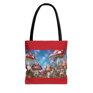 Fairy Tote Bag, Heavy Fairy Village Tote, Whimsical Tote, Free Shipping Tote, Bright and Cheery Tote Bags, Unique Bag, Toadstool Tote Bag