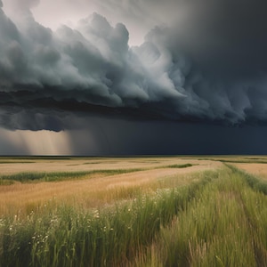 May include: A dark, stormy sky hangs over a field of green and brown grass. The sky is filled with dark, ominous clouds, and there is a faint hint of rain in the air.