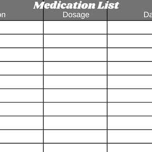 May include: A blank medication list with columns for medication, dosage, and daily amounts.