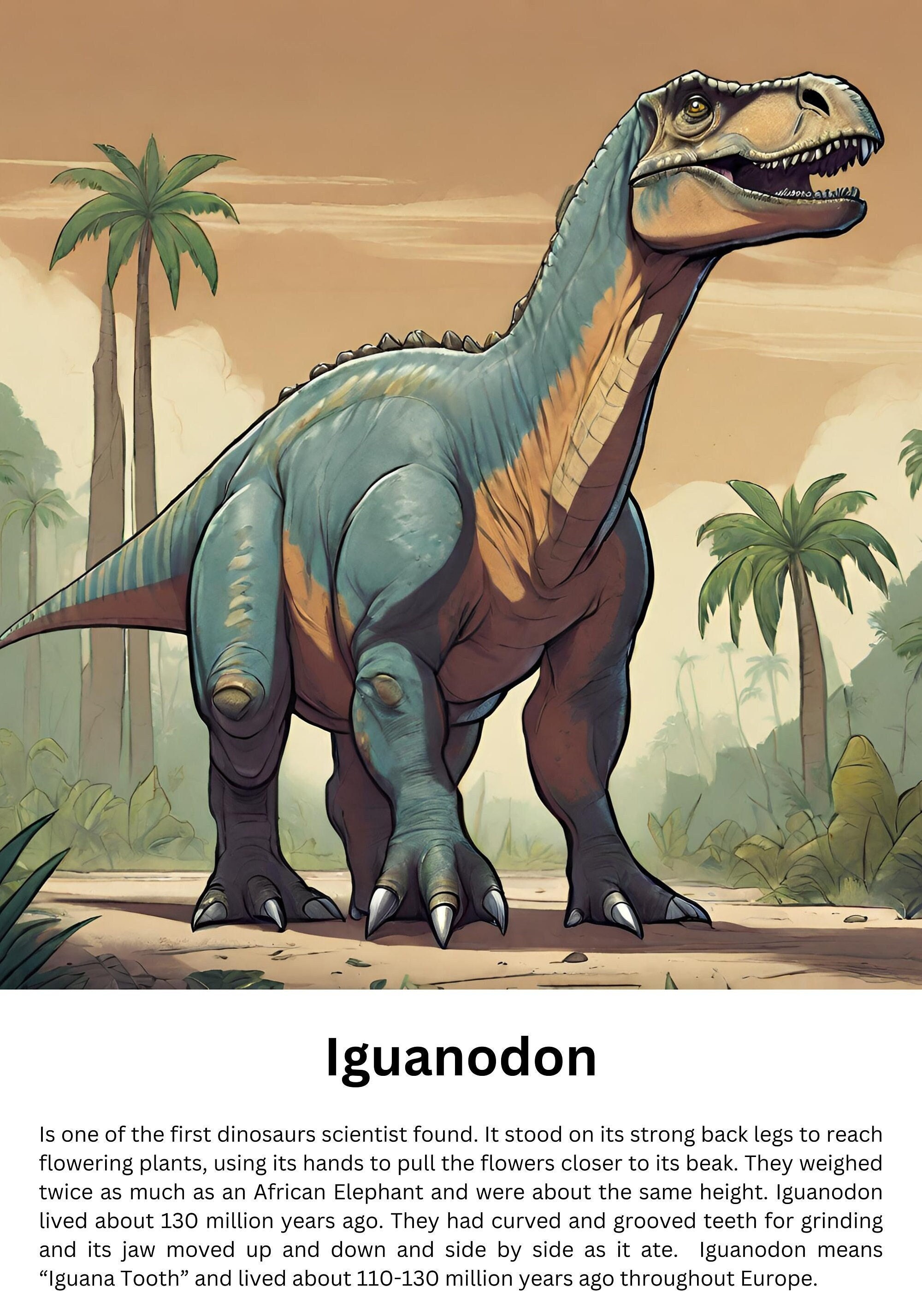 Iguanodon Dinosaur, Dinosaur Education and Fun, Dinosaurs for Children Wall Art, Dinos for Girls, Dinos for Boys, Downloadable Dinosaurs