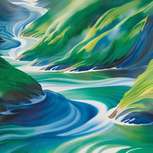 May include: Abstract painting depicting a river meandering through a verdant valley. The water is a vivid blue and white, and the hills are a blend of green and yellow.