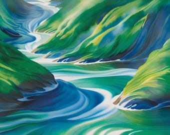 Paisaje de río verde, tranquilo y sereno. Este hermoso arte digital descargable acentuará cualquier área de su hogar. Arte digital descargable