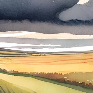 Watercolour Prairie Landscape, Wheat Fields and Stormy Clouds, Country Landscape Digital Art, Watercolour Prairie Downloadable Art, Wall Art