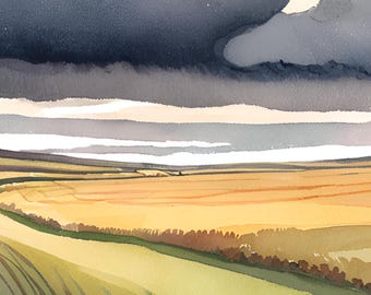 Paisaje de pradera en acuarela, campos de trigo y nubes tormentosas, arte digital de paisaje campestre, arte descargable de pradera en acuarela, arte mural