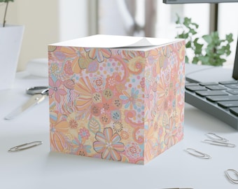 Cubo de notas con diseño floral, cubo de notas con diseño floral retro, papelería de oficina, accesorios de escritorio, cubo de notas para ella, cubo de notas con diseño floral para oficina, papel con diseño floral